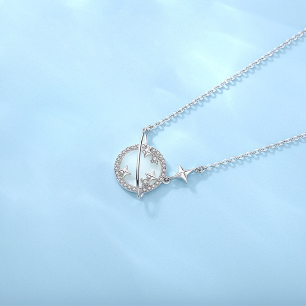 925 Sterling Silver Mother of Pearl Moon with starts and rings necklace charm
